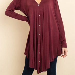 LOVE Burgundy Long sleeve V-neck button front Hi-Lo Large Tunic Top